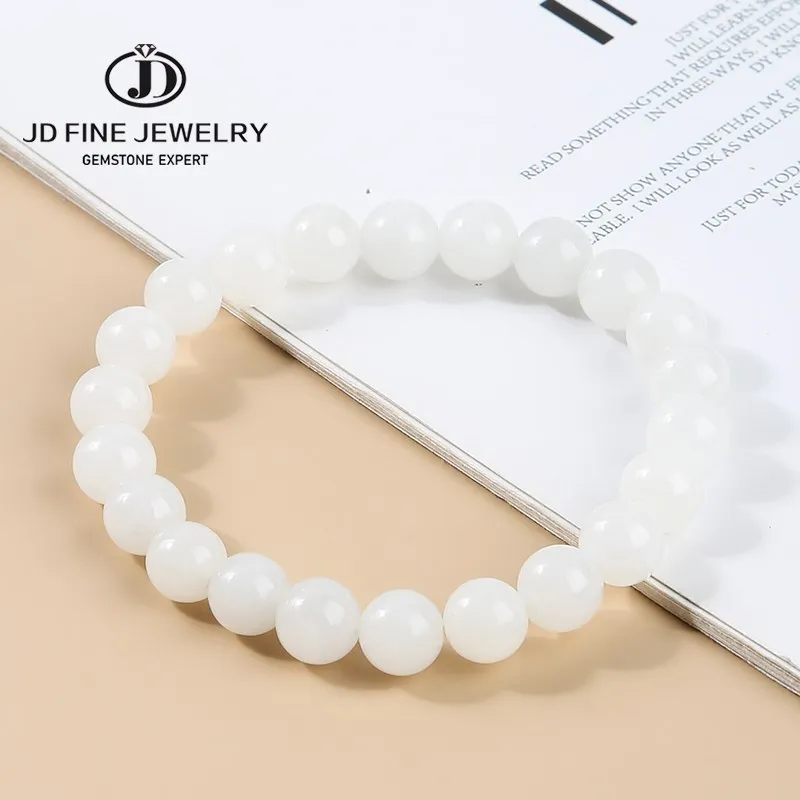 JD  Natural White Hetian Jade Bead Bracelet Women Elegant Hand String Nephrite Material Strand Bangles Round Bead Wristband Gift