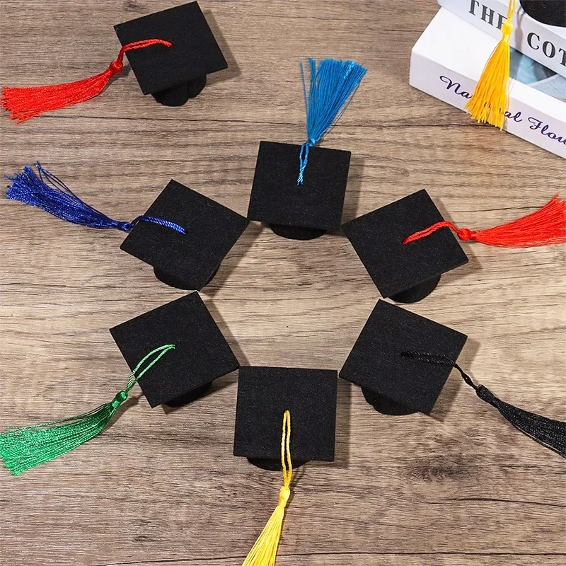 10Pcs Mini Doctor Cap With Tassels Party Wine Bottle Decor Felt Non-woven Small Graduation Hat Graduation Decorations