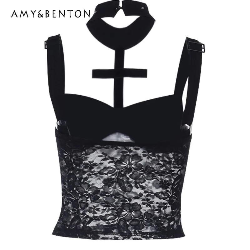

Original Design Black Lace Splicing Halter Women's Sling Dark Gothic Style Summer New Sweet Cool Sexy Sleeveless Tank Top Ladies