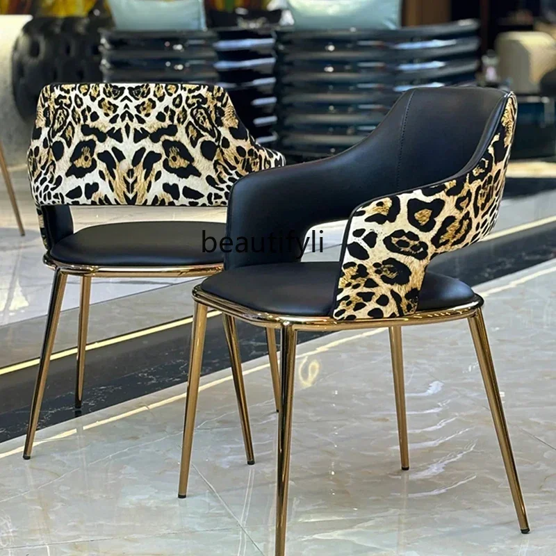 

x11Italian light luxury high-end leather dining chair restaurant home leopard print cloth, model room dining chair designer
