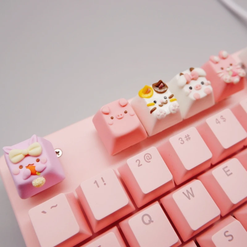 Cartoon animal soft clay keycaps rabbits cows cats and dogs handmade exquisite gifts baked clay mechanical keycaps