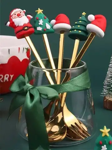 2/4/6Pcs Christmas Fork And Spoon Set,Stainless Steel Creative Tableware,Coffee Tea Dessert Forks And Spoons Gift Set