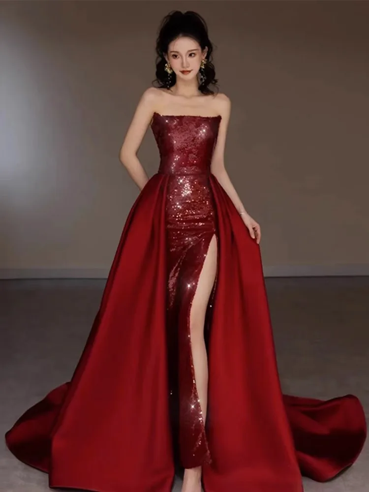 Modern Sexy Tube Top Long A-line High Split Evening Dress Wine Red Chinese Traditional Sparkly Sequins Toast Clothing