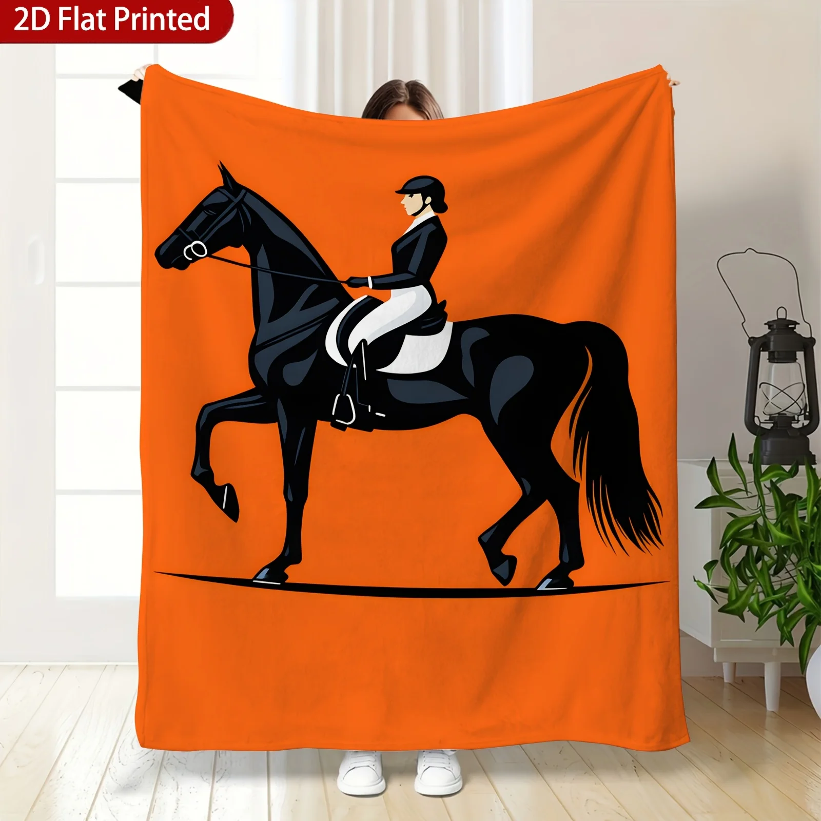 2D Flat Printed 1pc Equestrian Horse & Rider Blanket - Black Horse Ultrasound-Pressed Flannel Throw with Orange Background, Cozy
