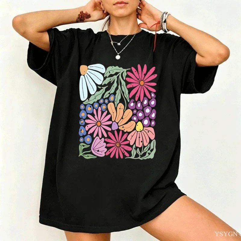 Trendy Boho Floral T-Shirt Soft Flower Graphic Tshirt Cute Spring Garden Botanical Top Summer Short Sleeve Women's Clothing