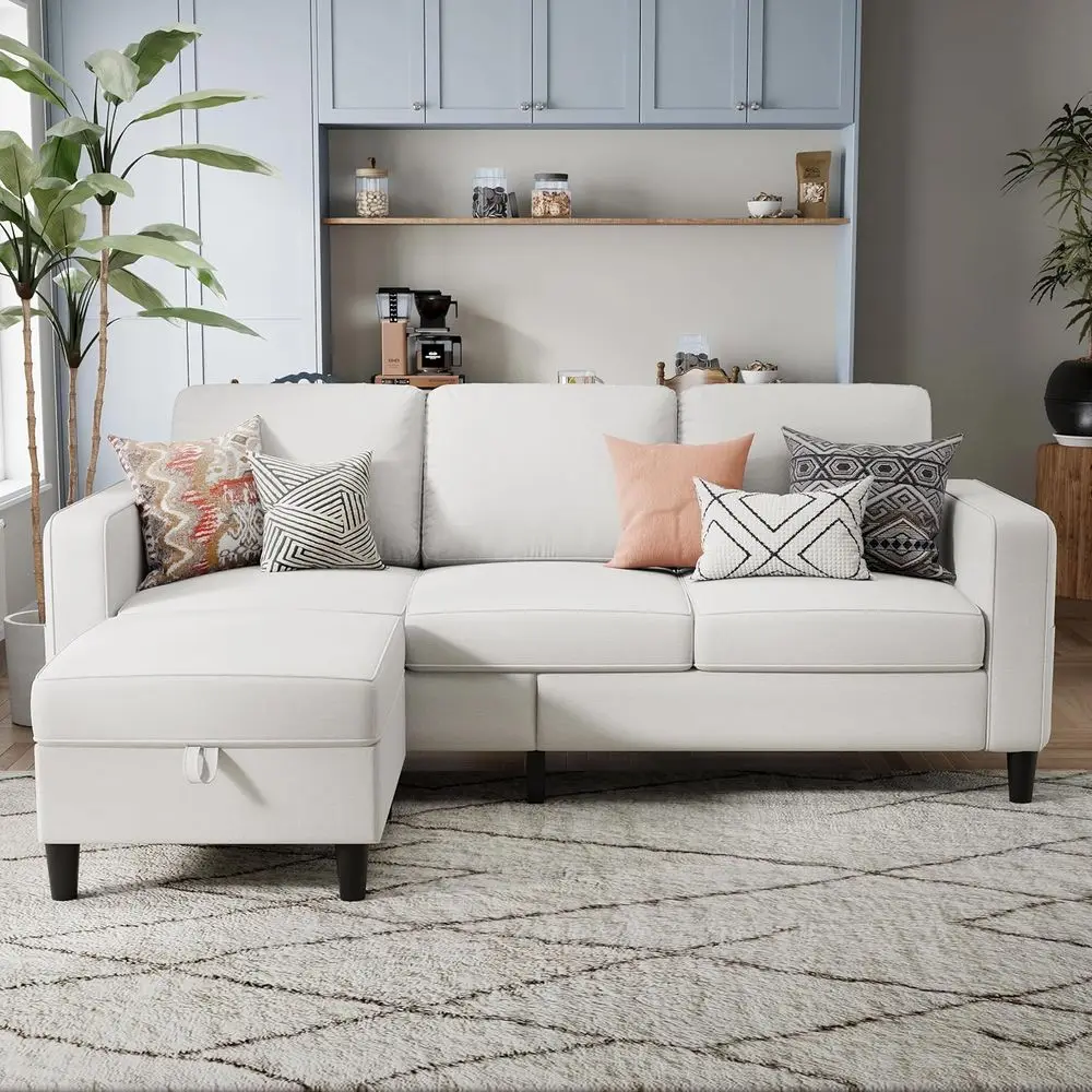 

Beige 3-Seat L-Shaped Sofa with Storage Ottoman and Chaise for Comfortable Living Rooms