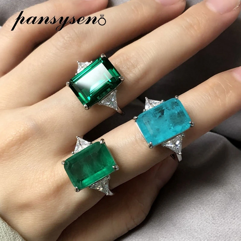 PANSYSEN Solid Silver 925 Jewelry 10x14MM Emerald Paraiba Tourmaline High Carbon Diamond Ring Luxury Fine Jewelry Gift Wholesale