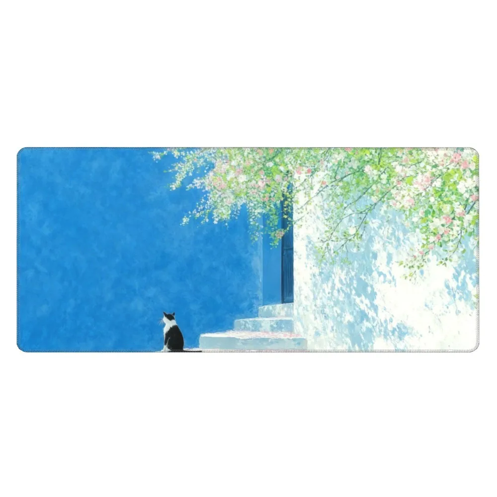 

Большой коврик для мыши Impressionist Cherry Blossom Cat, удлиненный настольный коврик Blue Wall Black White Cat