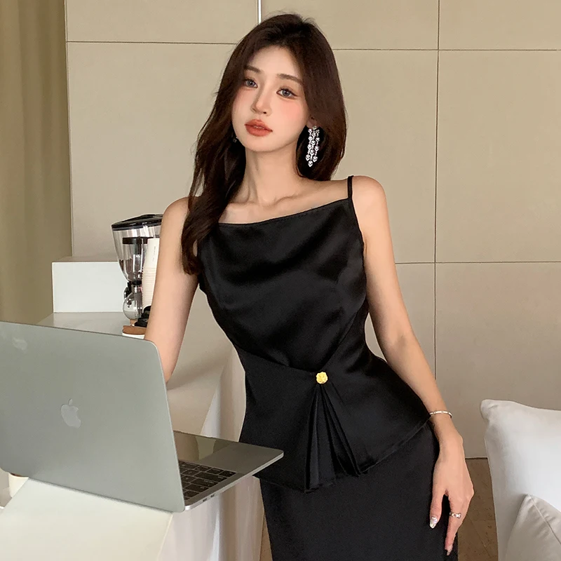 Korejpaa Korean Fashion Camis Women Clothing French Style Slim Waist Black Tank Top Slimming Versatile Sleeveless Ropa Mujer