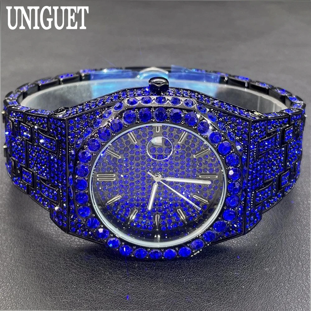 

Luxury Green Iced Watches Mens Fashion Brand UNIGUET Hip Hop Bling Zirconia Diamonds Watch For Male Quartz Clock 2024 Hot Sell