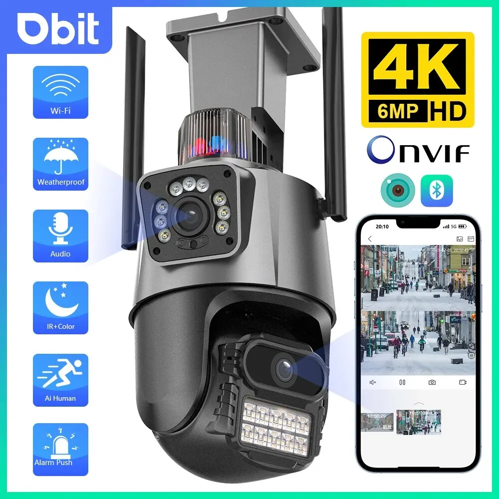 Câmera de vigilância de vídeo impermeável, lente dupla, segurança CCTV proteção, Wi-Fi, 6MP, 4K