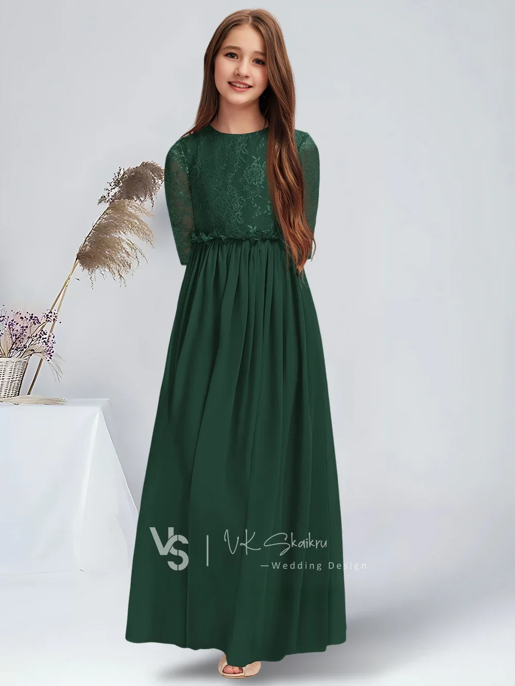 فستان وصيفة العروس من الشيفون بطول الأرض على شكل حرف a مع فستان فتاة الزهور على شكل زهرة القرفة المطوي للمراهقين في حفلات الزفاف #6