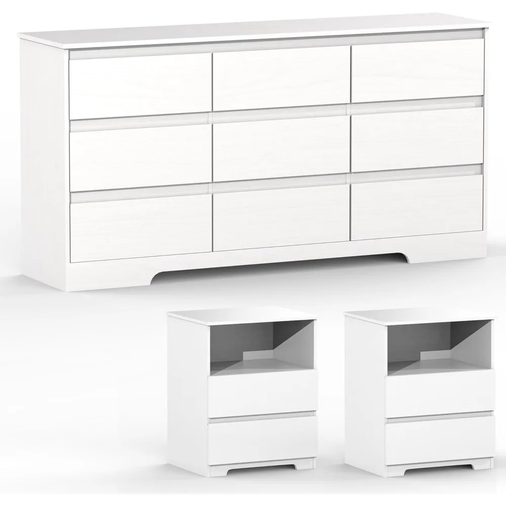 

3Pcs Bedroom Furniture Set, White 9 Drawer Dresser and Nightstand Set of 2, Wide Chest of Drawers No Handles, Wood Storage Cabin