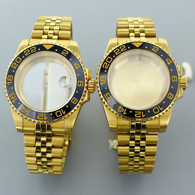 40MM Watch Case Jubilee bands 38mm GMT Ceramic Inlay Bezel Sapphire Crystal For Seiko NH35 NH36 8205 2824 Movement Golden parts