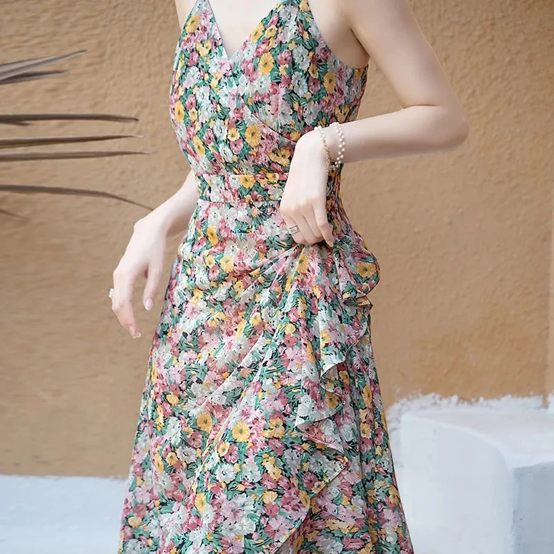 2022 New summer Floral Chiffon Dress with thin Sanya Beach Resort skirt inside the sling