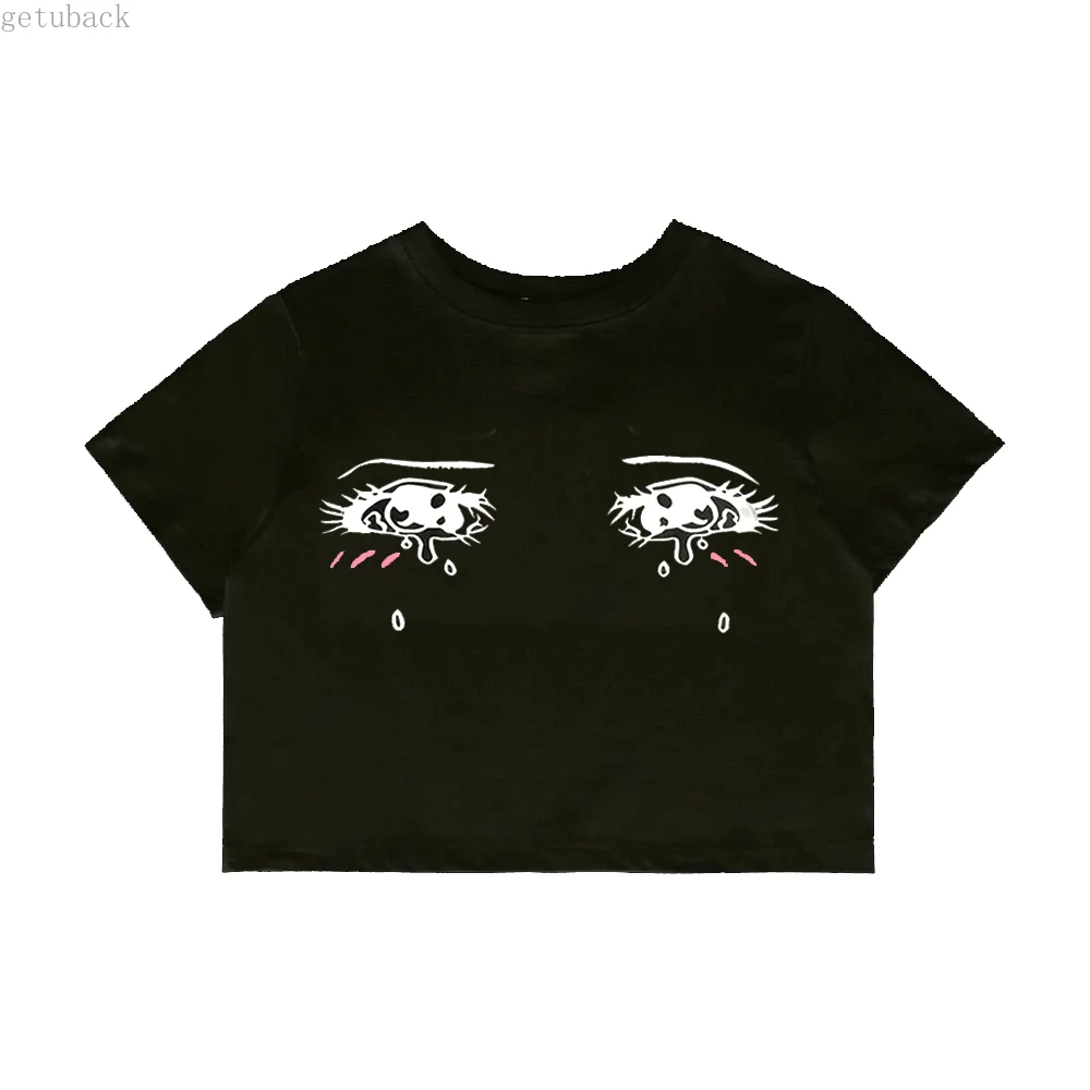 Anime-Inspired Crying Eye Print Crop Tops Casual Y2k Comfortable Ideal for Daily Wear Fashionable Gift Cheap Women's Clothing