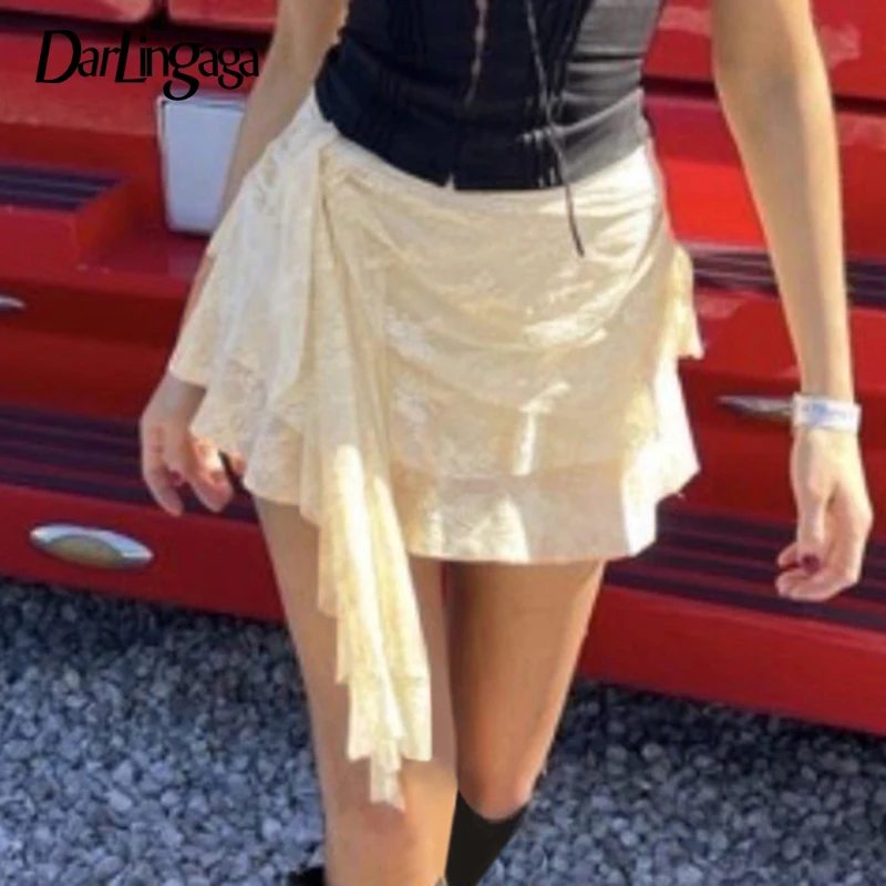 

Darlingaga Korean Fashion Double Layers With Tassel Lace Skirts Women Summer Chic Layering Cake Outfits Y2K Aesthetics Fashion