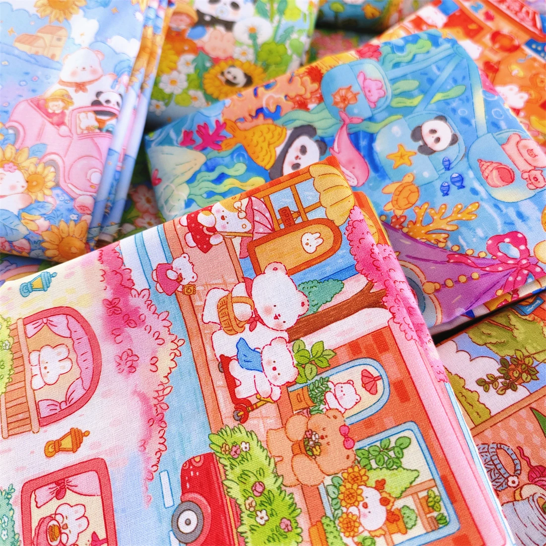 20 Count Cartoon Cute Panda in Playground illustration Cotton Fabric DIY Patchwork Quilting Needlework Material