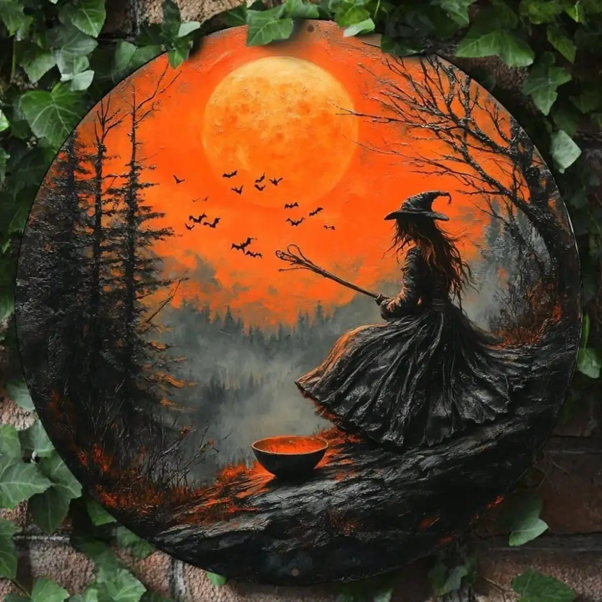 Scary Halloween Witch on Broomstick Sign - Aluminum Wall Art, Black & Orange Round Wreath for Home Decor and Party