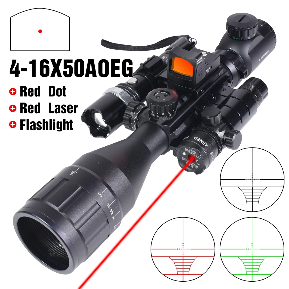 4-16X50AOEG， Aiming with Red Dots, Aiming with Red Dots, and Tactical Reflection with Adjustable Zero Viewfinder, Suitable for Hunting equipment Combinations
