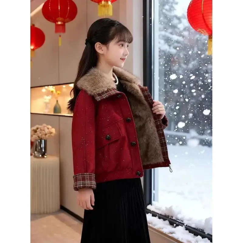 

Kawaii повседневное пальто, топы, модная детская одежда для девочек, зима 2025, новое толстое пальто с большими лацканами на флисовой подкладке, стильное теплое детское пальто