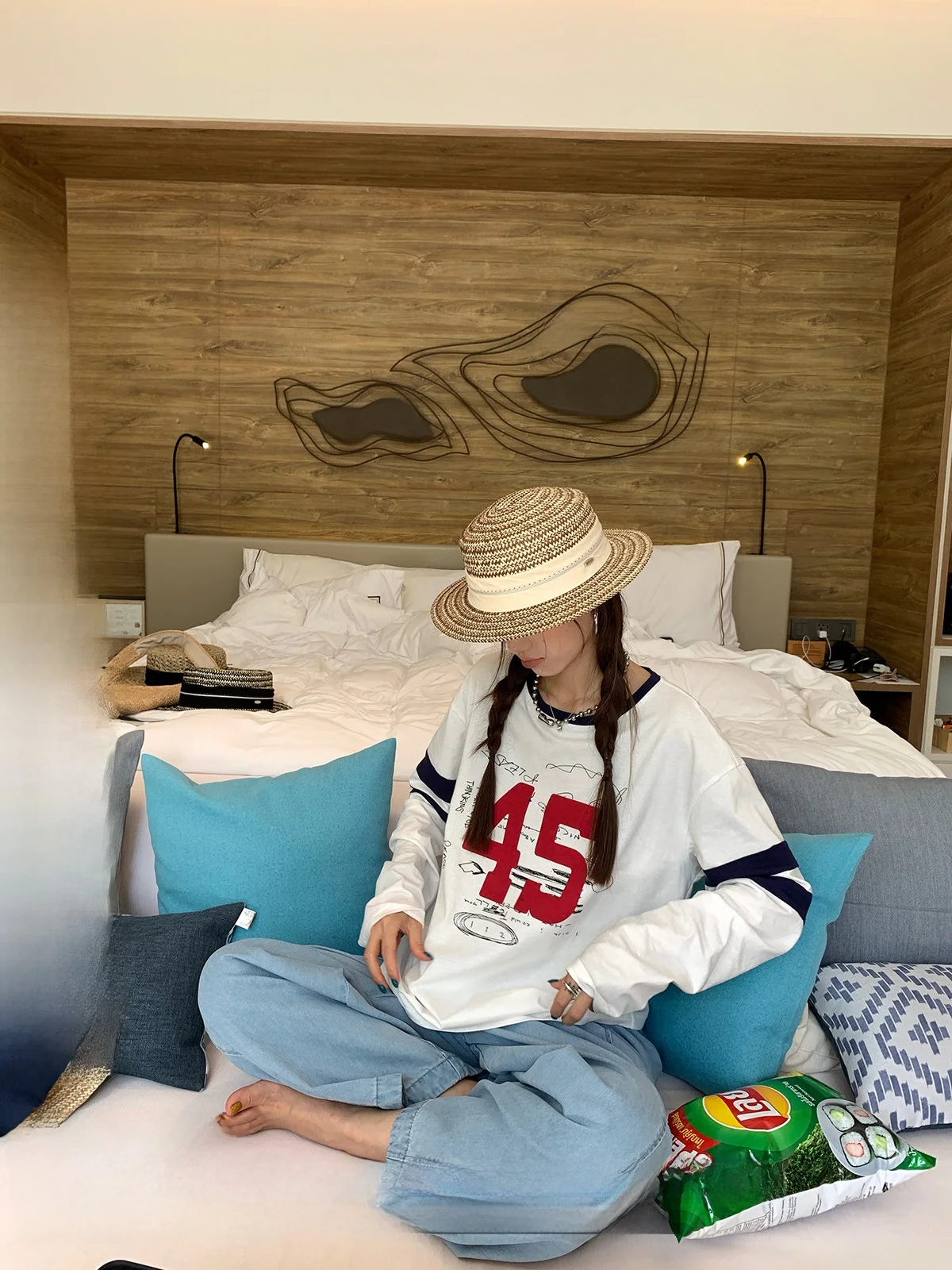 

Женская свободная футболка с длинным рукавом и круглым вырезом, летняя, из хлопка, укороченная, модная, с контрастными цветами