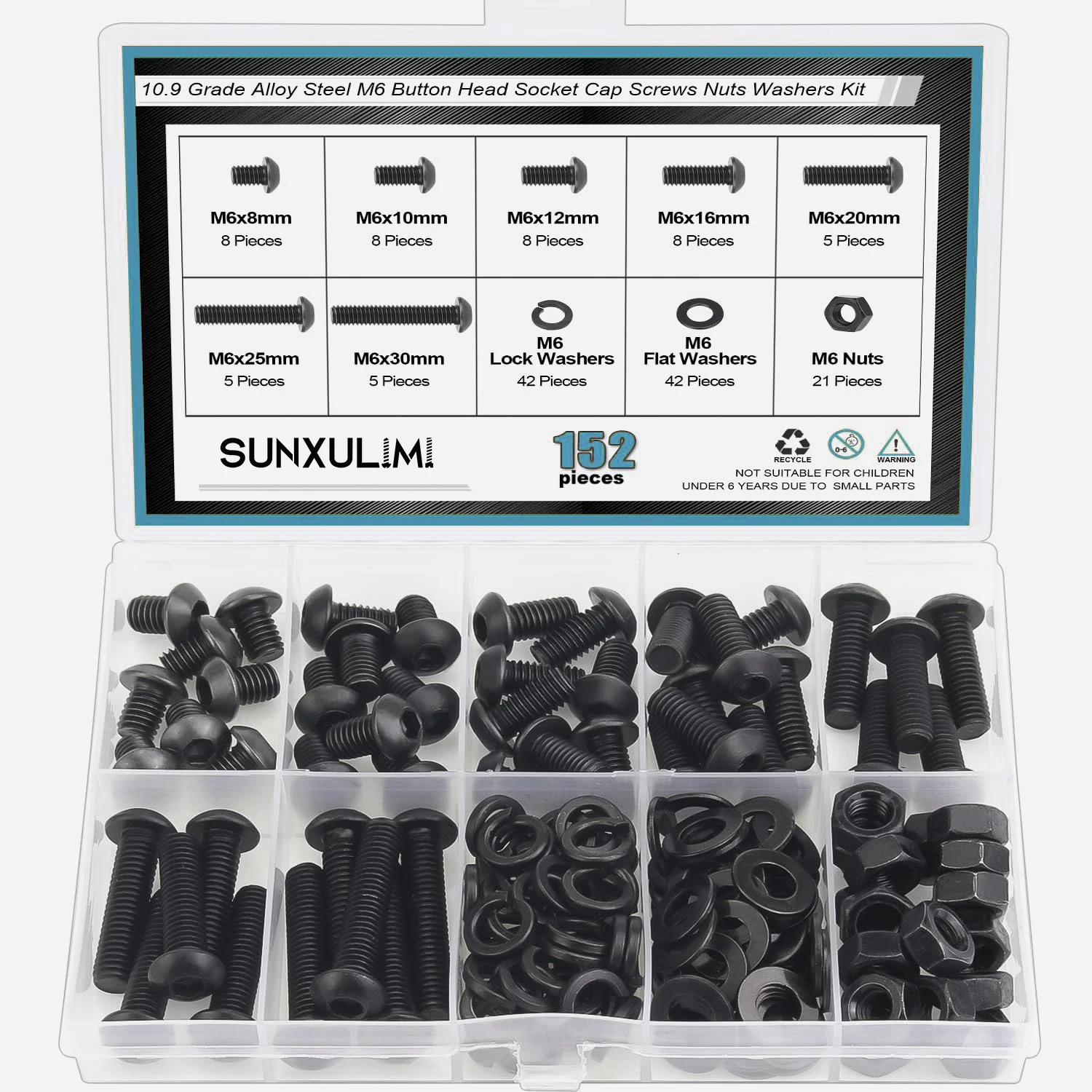 

152-piece M6x 8/10/12/16/20/25/30 mm button head internal hexagonal screw, bolt, nut, washer and gasket kit, 10.9 alloy steel