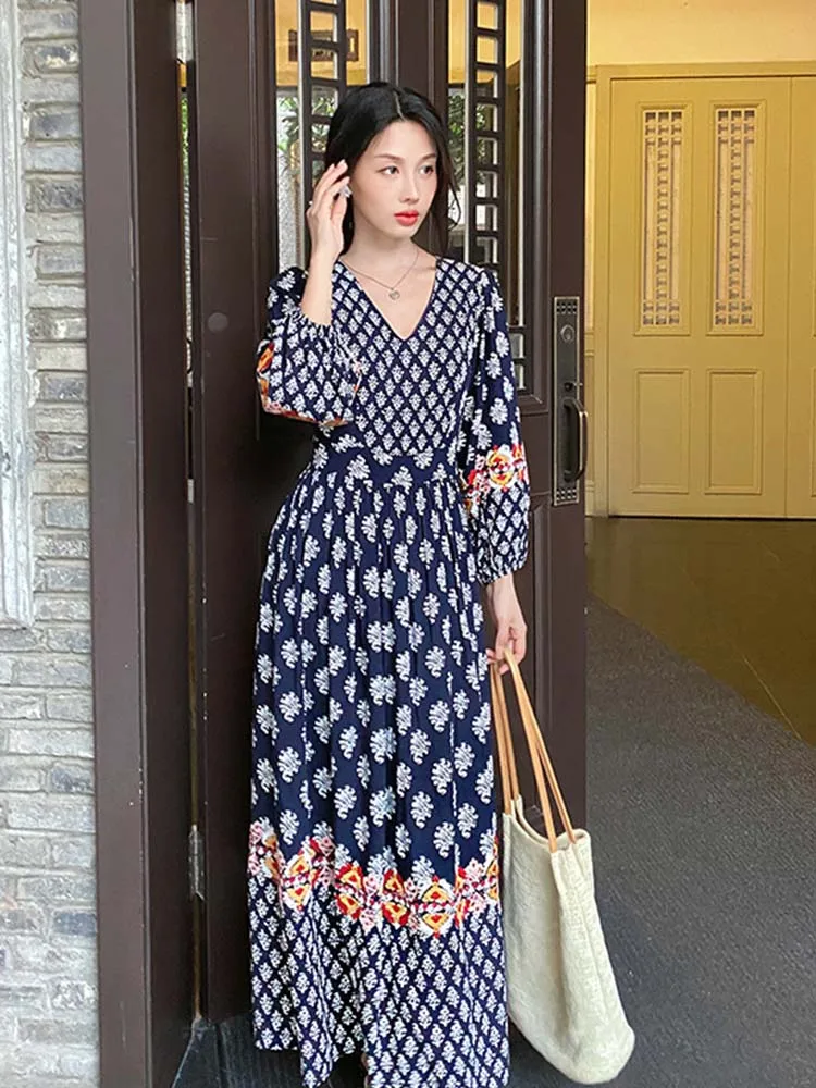 2024 Spring Summer Floral Printed Dress Women Elegant V Neck Slim Holiday Dress Casual Lantern Sleeve Big Swing Dress