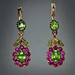Vintage Gold Needle Inlaid Green Stone Earrings Pretty Flower Rose Red Leaf Dangle Women's Ear Jewelry Gift