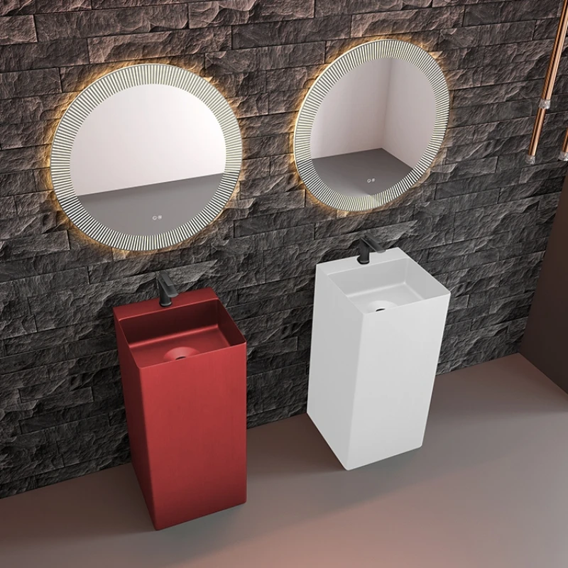 China red floor-standing stainless steel column basin integrated column basin hotel light luxury washbasin washbasin.