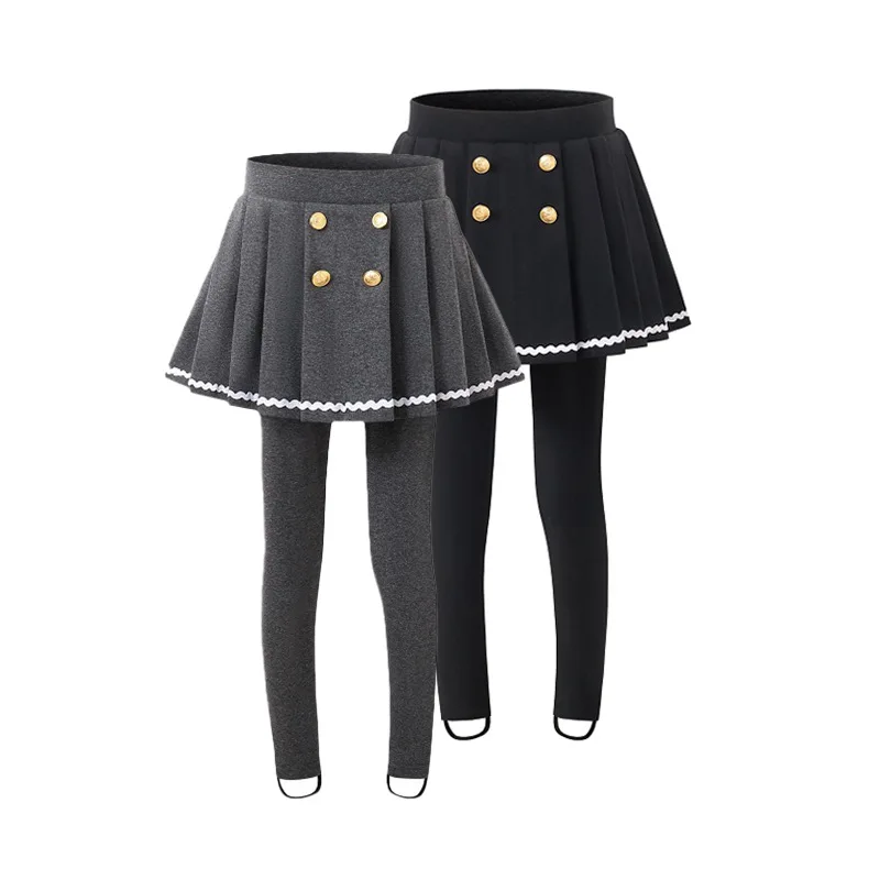 

School Teens Girls Winter Pantskirt Thickened Pleated Skirt-Pants Kids Thermal Leggings Casual Layered Look Tights Baby Culottes