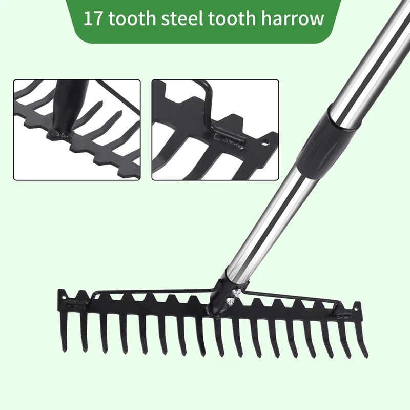 Bow Rake Heavy Duty Garden Rake 17 Steel Tines Metal Head Rake Tool For Loosening Soil Gathering Leaf Leveling Lawn