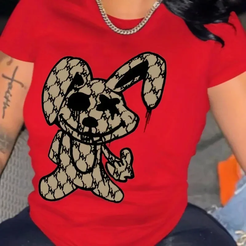 Funny Rabbit Print T-Shirt, Crew Neck Short Sleeve T-Shirt, Casl Every Day Tops, Women's Clothing