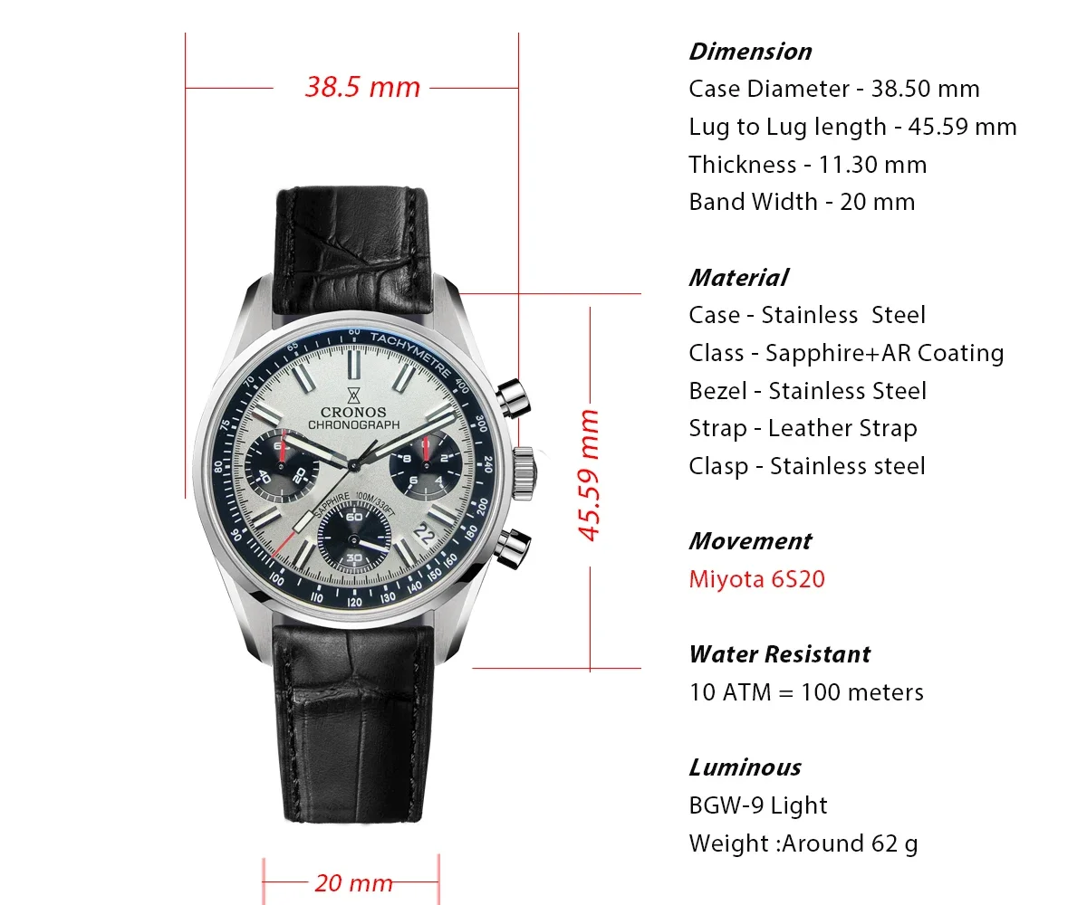 Cronos Chronograph Quartz Men Watch Miyota S620 Black&White Panda
