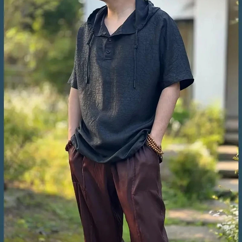 2026 Summer Men Chinese Cracked Turtle Texture Hooded Half Sleeve Thin Breathable Loose Dark Pattern High End Casual Black Top