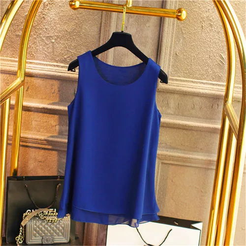 Imagen 2 del producto Camiseta sin mangas de chifón para mujer, camisa con cuello redondo, color blanco, azul y rojo, ropa de trabajo de oficina