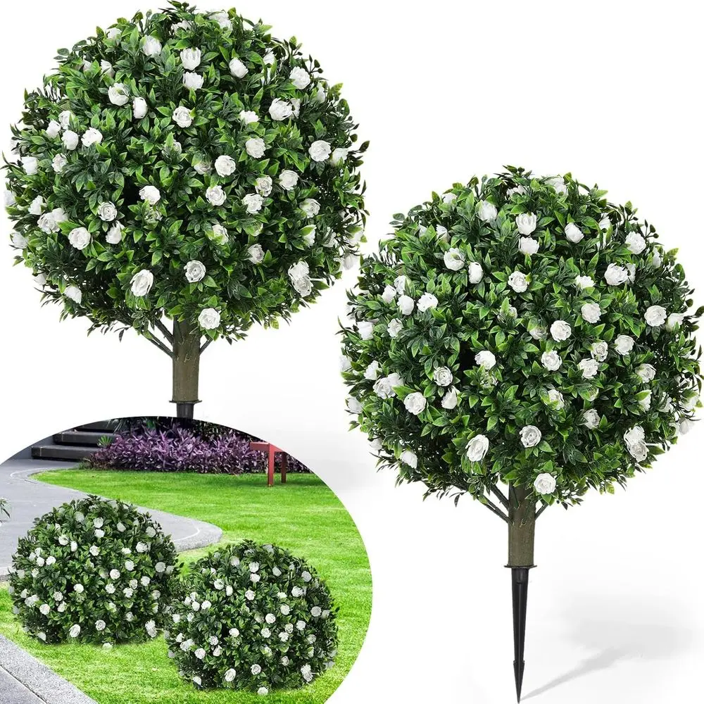 

24 искусственных шаровидных кустов-топиарей с цветами, устойчивые к УФ-излучению уличные растения-топиареи с кольцом для крепления к земле, подходят для использования в помещении или на улице