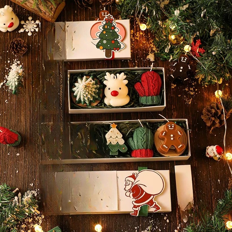 Handmade Christmas trees and deer-scented candles in a creative gift box