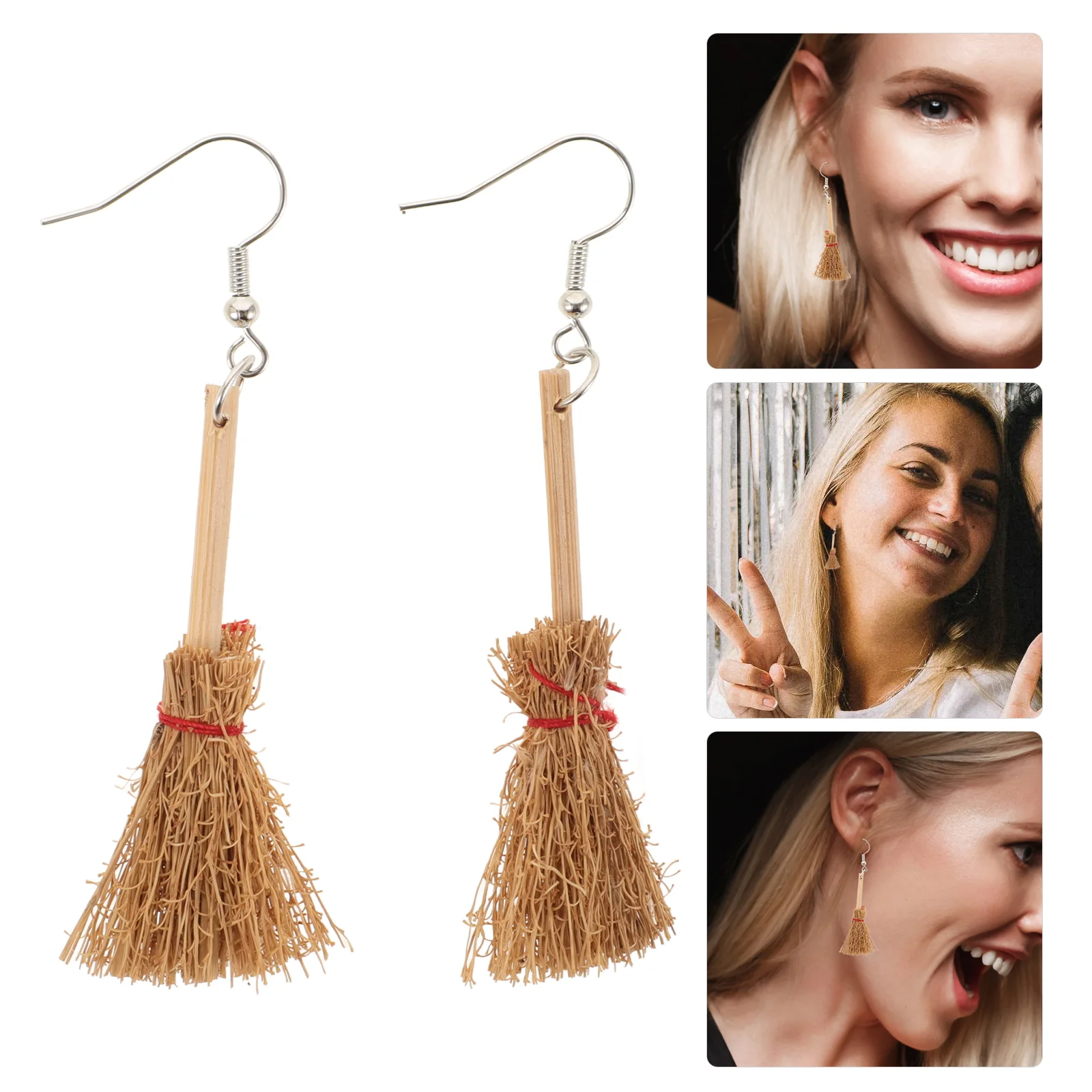 

Earless Earrings Hand-woven Clip Halloween Clips Witch Broom Women Eardrop