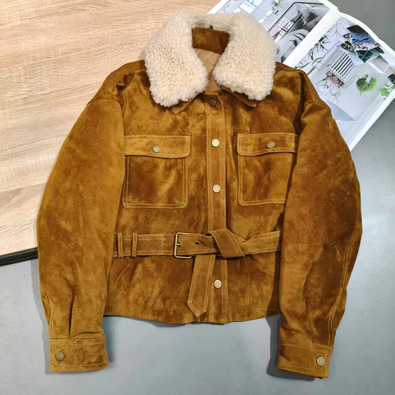 Kurtka damska z prawdziwej skóry zamszowej, modna, wełniany kołnierz, jednorzędowa, z paskiem, dopasowany krój, krótkie płaszcze puchowe, Chaquetas De Mujer