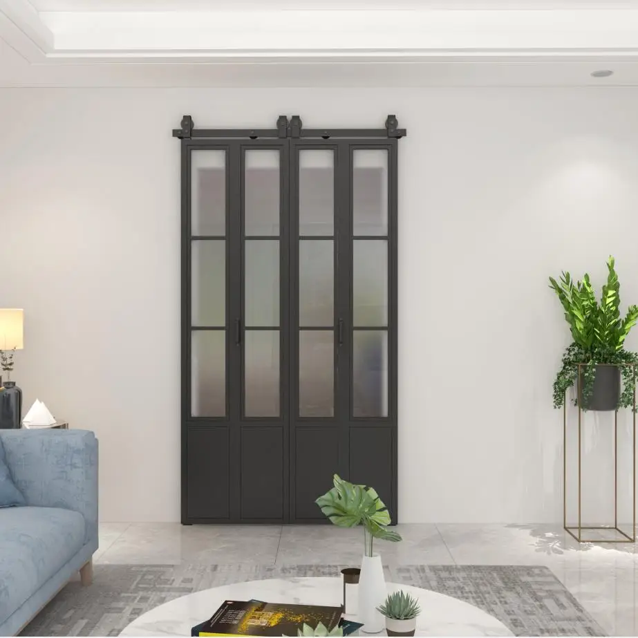 Double folding steel glass barn door, heavy duty side mounted black rollers, suitable for 4 doors, smooth and quiet