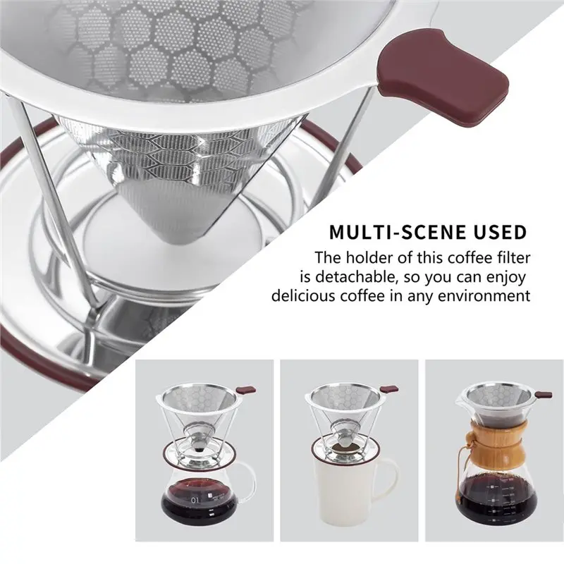 ABZL Coffee Dripper Pour Over Stainless Steel With Non-Slip Stand For 1-4 Cups, Reusable Metal Cone Filter