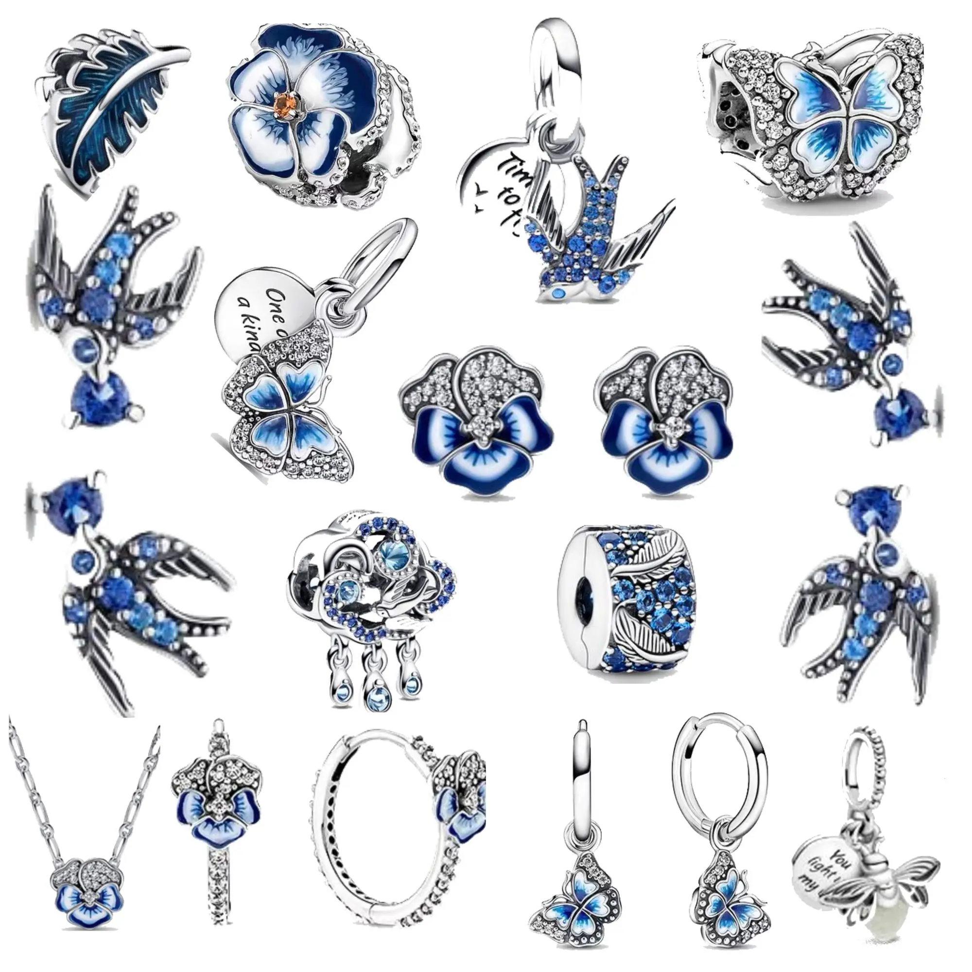 2024 Spring New Charm Swallow Blue Pansy Flower Red Ladybird Butterfly Firefly Bead Pendant Fit Pandora Bracelet Women Jewelry