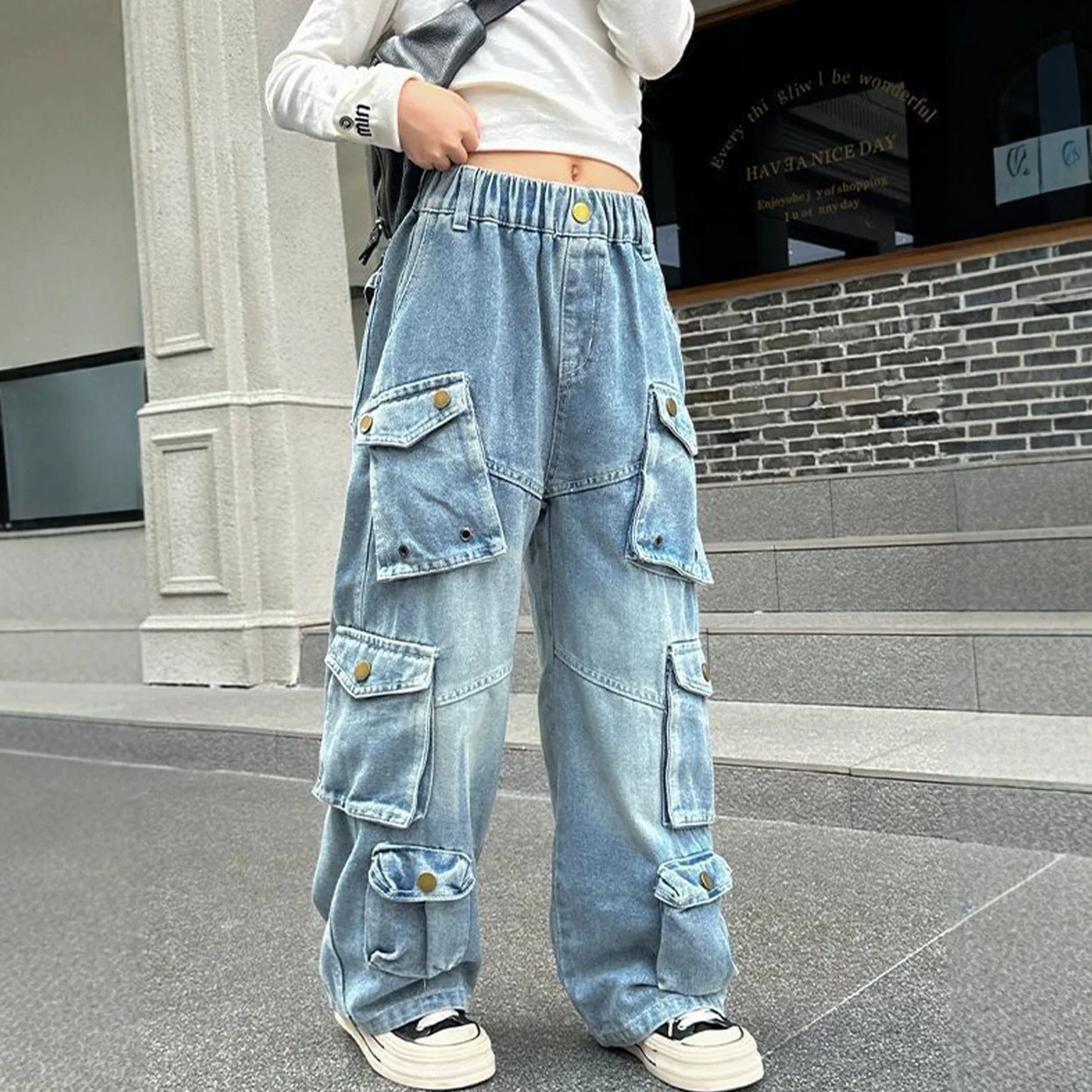 Boys Casual Cargo Jeans With Multi Pocket Preppy Loose Style Teenage Child Denim Pants High Fashion Kids Trousers Sweatpants