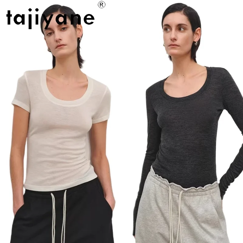 

Женские футболки TAJIYANE из 50% шерсти с U-образным вырезом, с длинными/короткими рукавами, шерстяные смесовые топы для весны/лета 2026, женская одежда