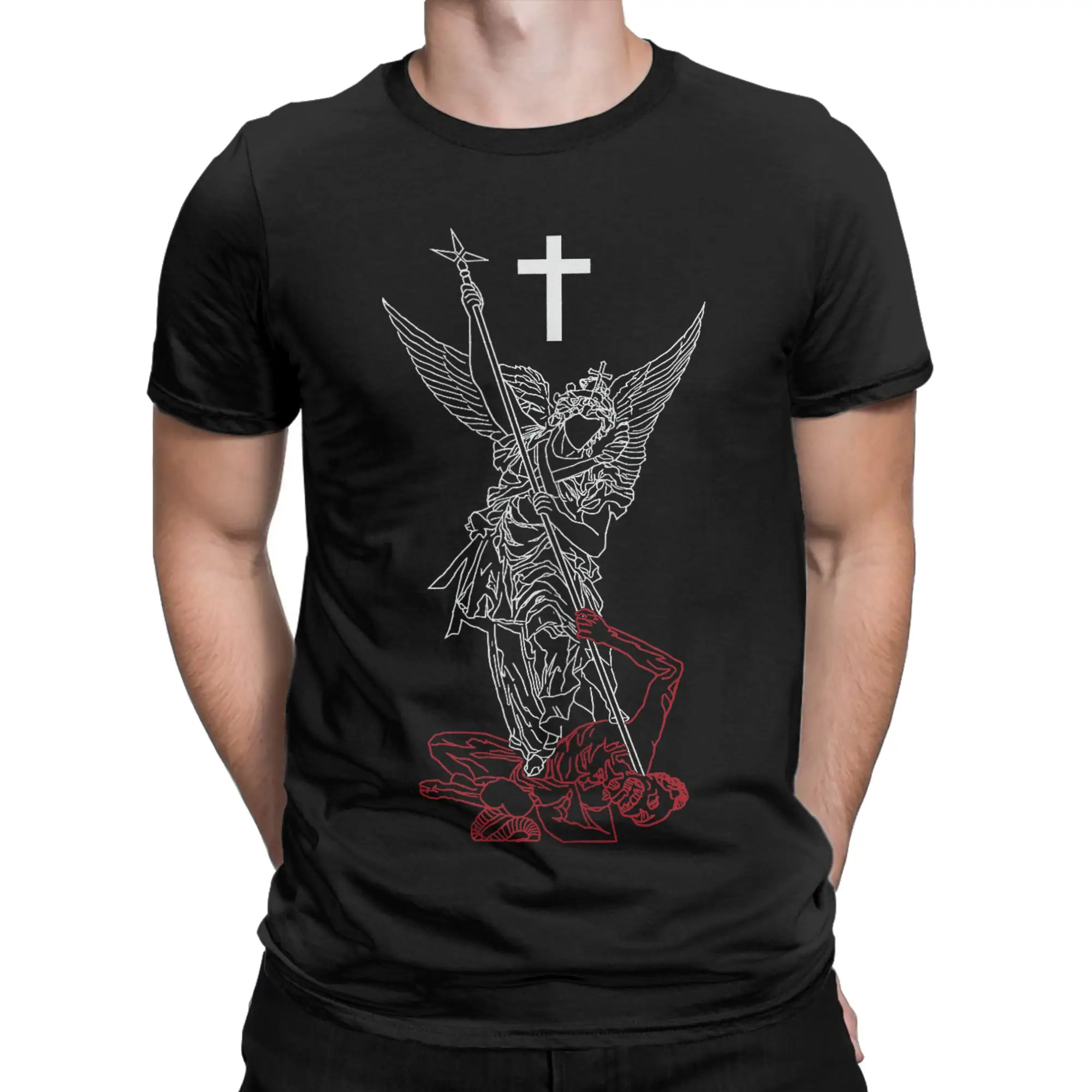 Saint Michael The Archangel Defeating Satan Warrior Faith T Shirt Men Cotton Funny T-Shirts Round Neck tees Short Sleeve Clothes