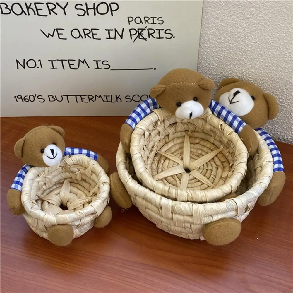 

Kawaii Cartoon Bear Hand Woven Storage Basket Kids Toys Desktop Basket Home Organizer Snack Cosmetics Sundries Box organizadores