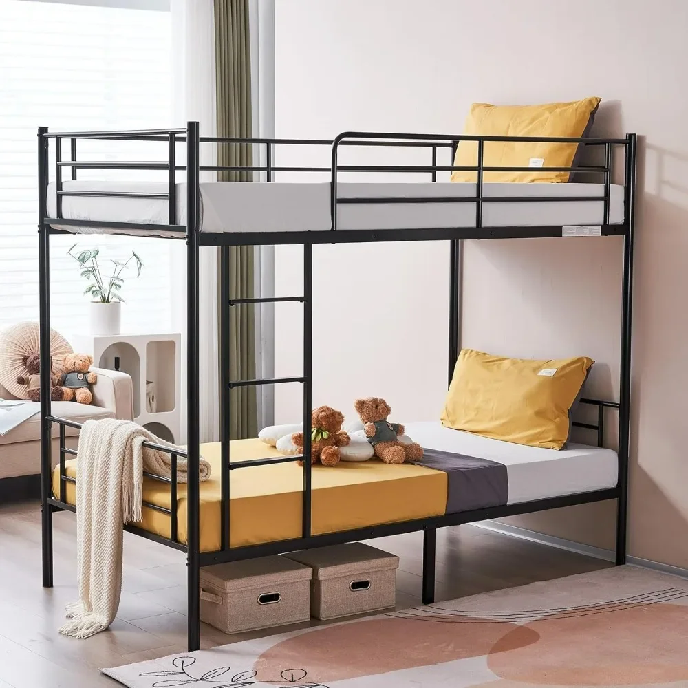 Bunk Bed Twin Over Twin, Metal Bunk Bed with Built-in Ladder and Safety Guardrail, Space-Saving Twin Bunk Beds for Kids, Teens