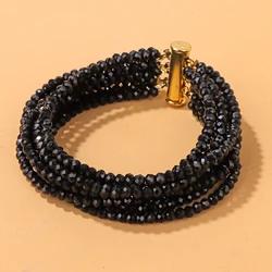 4mm Faceted Black Crystals Beads Bracelet Bohemia Multi layered Women Bracelets Gold Color Magnetic Buckle Charm Bracelet Bangle