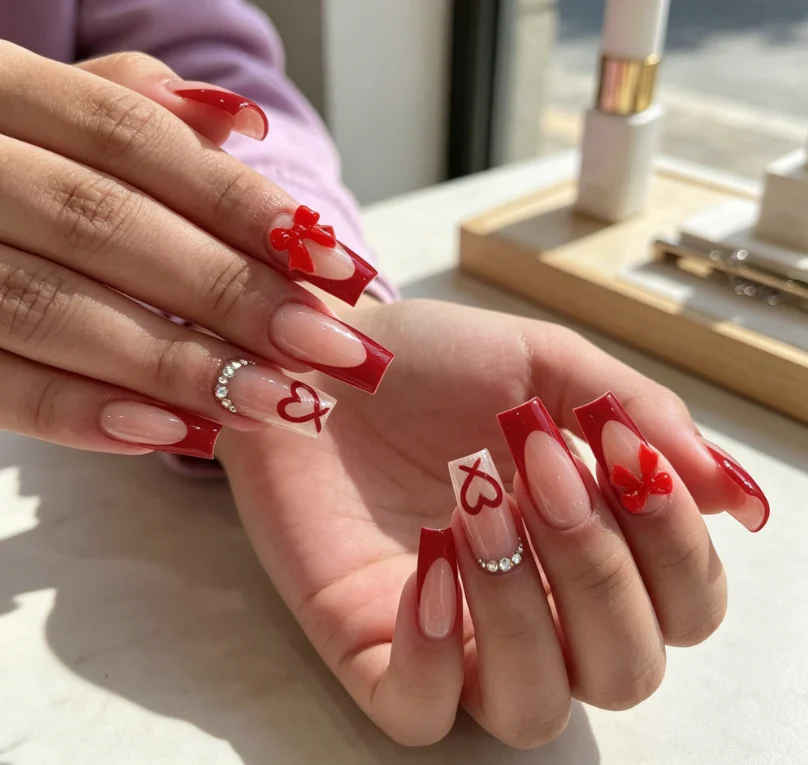 Red French Tip Coffin Press On Nails 3D Red Bow Heart Outline Rhinestone Design Glossy Long Fake Nails Valentine Manicure Decor